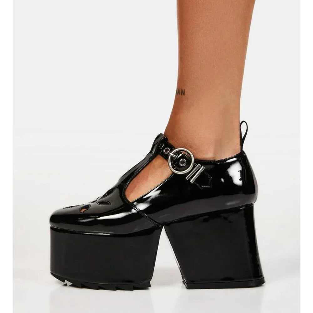 Lamoda Mary Jane Shoes Women 7 Black Patent Overthinking It Platform Cutout Goth